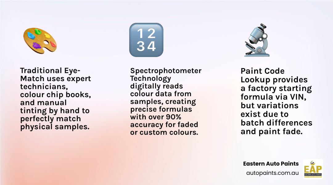 Infographic showing the paint colour matching process: Step 1 shows light hitting a painted surface with arrows indicating reflection and absorption; Step 2 displays three matching methods (eye-match with colour chips, paint code lookup with VIN plate, and spectrophotometer device); Step 3 illustrates factors affecting colour perception including lighting conditions (sunlight vs artificial), surface texture (smooth vs textured), and sheen levels (gloss, satin, matte) with visual examples - paint colour matching infographic 3_facts_emoji_light-gradient