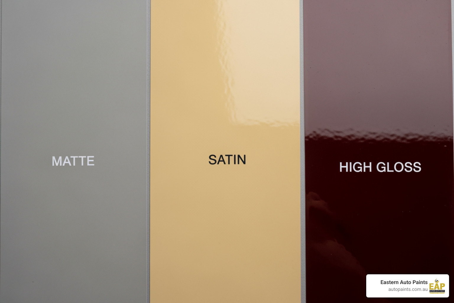 Image of paint swatches demonstrating different sheen levels (matte, satin, gloss) of the same colour, highlighting how light reflection changes with sheen. - paint colour matching