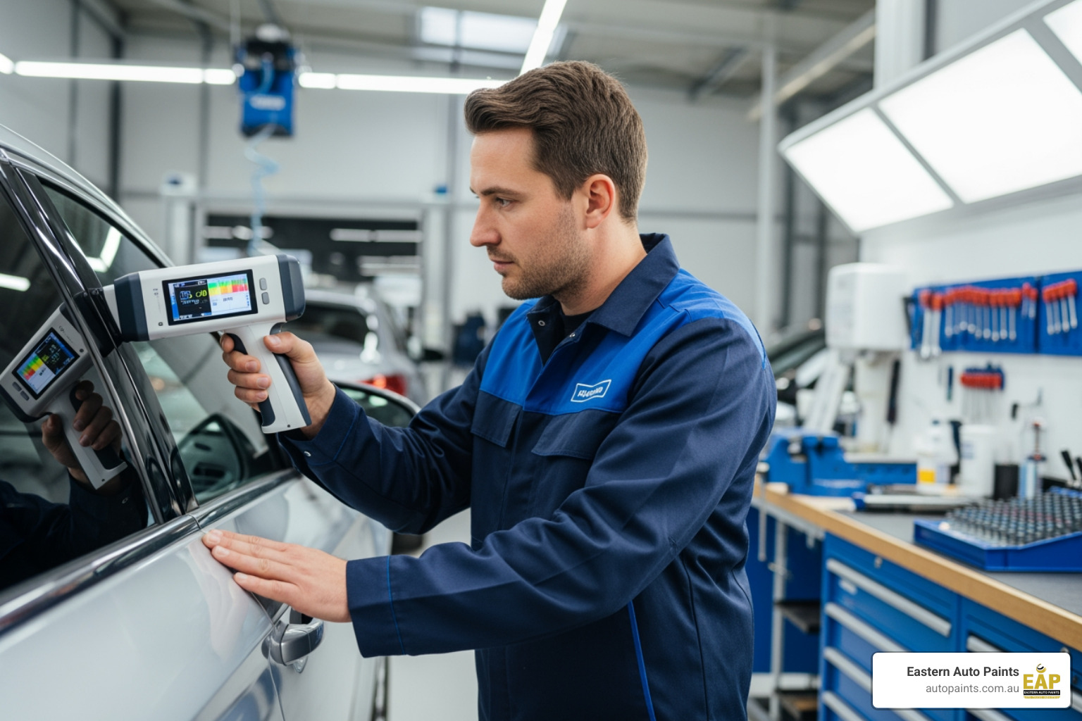 Image of a paint technician using a handheld spectrophotometer device to scan the colour of a car door panel in a modern workshop setting. - paint colour matching