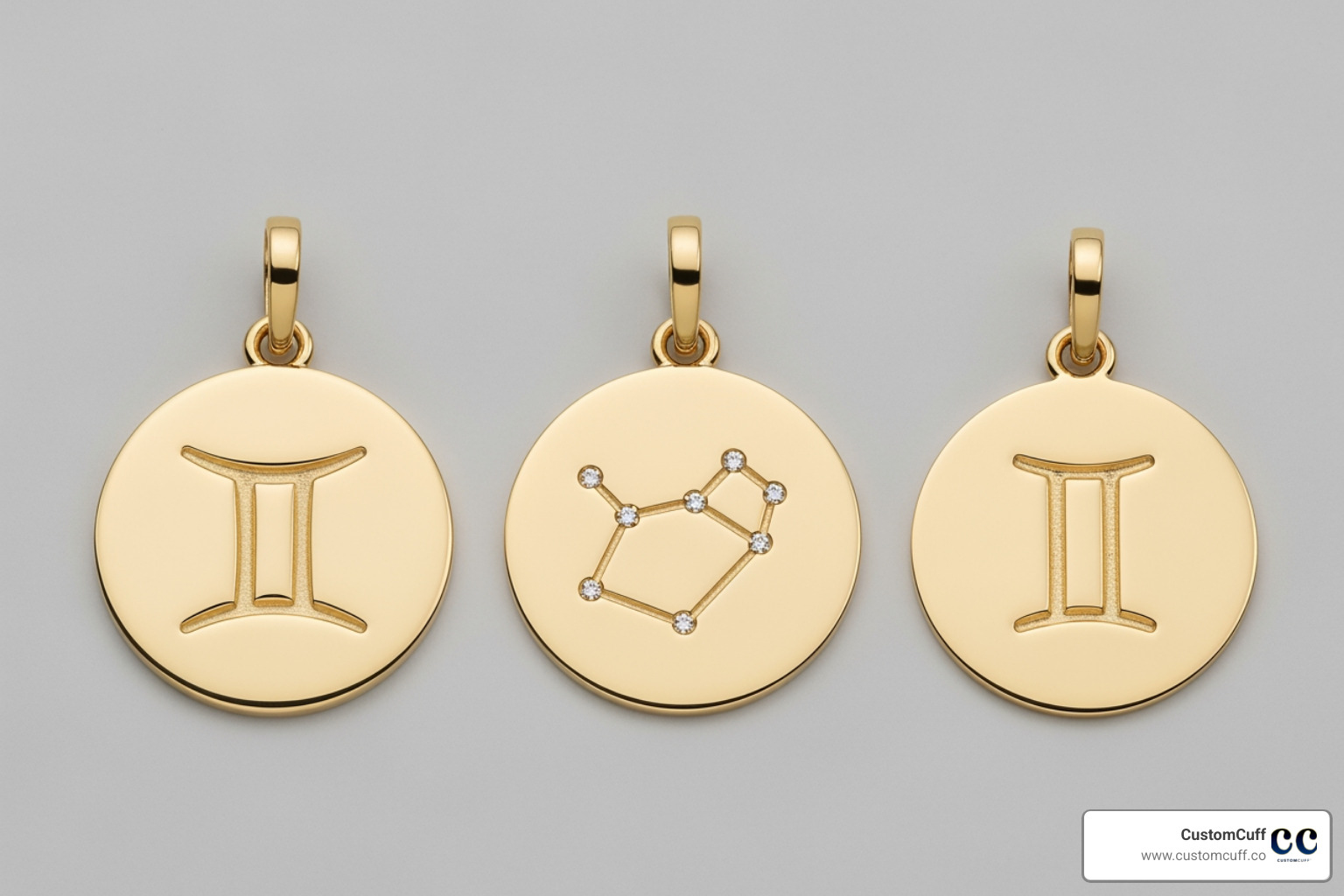 Three different styles of CustomCuff Gemini pendants side-by-side: a classic engraved disc, a minimalist constellation with subtle stones, and the Gemini glyph symbol. - solid gold gemini pendant