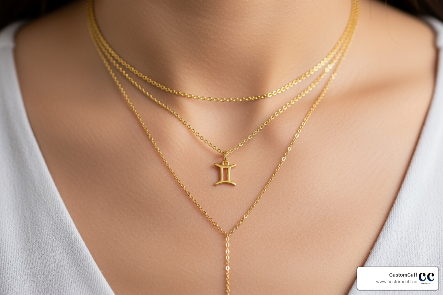 A person's neckline showcasing a layered look with a CustomCuff Gemini pendant, a shorter chain, and a longer chain. - solid gold gemini pendant