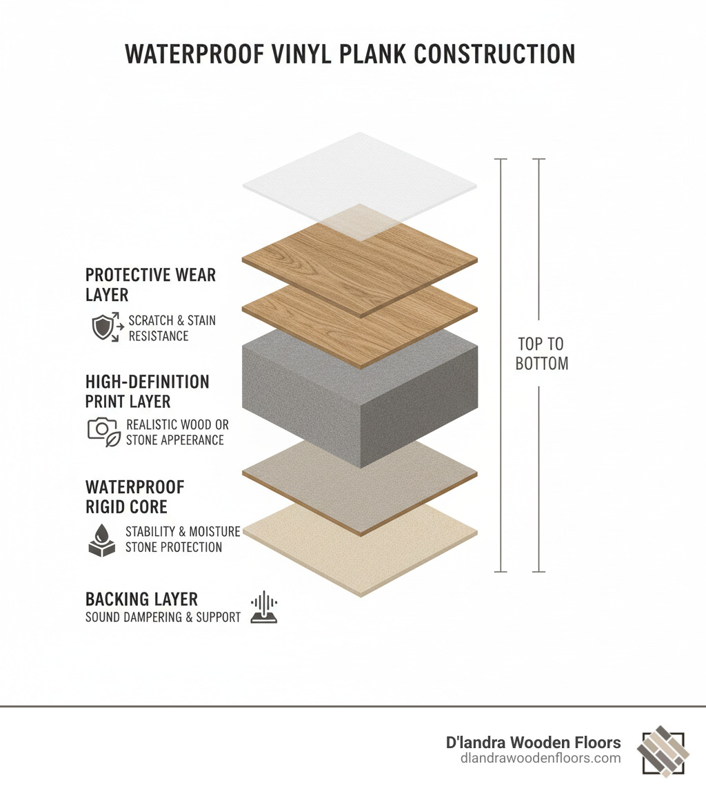 infographic showing the construction layers of waterproof vinyl plank flooring from top to bottom: protective wear layer for scratch and stain resistance, high-definition print layer for realistic wood or stone appearance, waterproof rigid core for stability and moisture protection, and backing layer for sound dampening and support - waterproof bathroom vinyl flooring infographic 