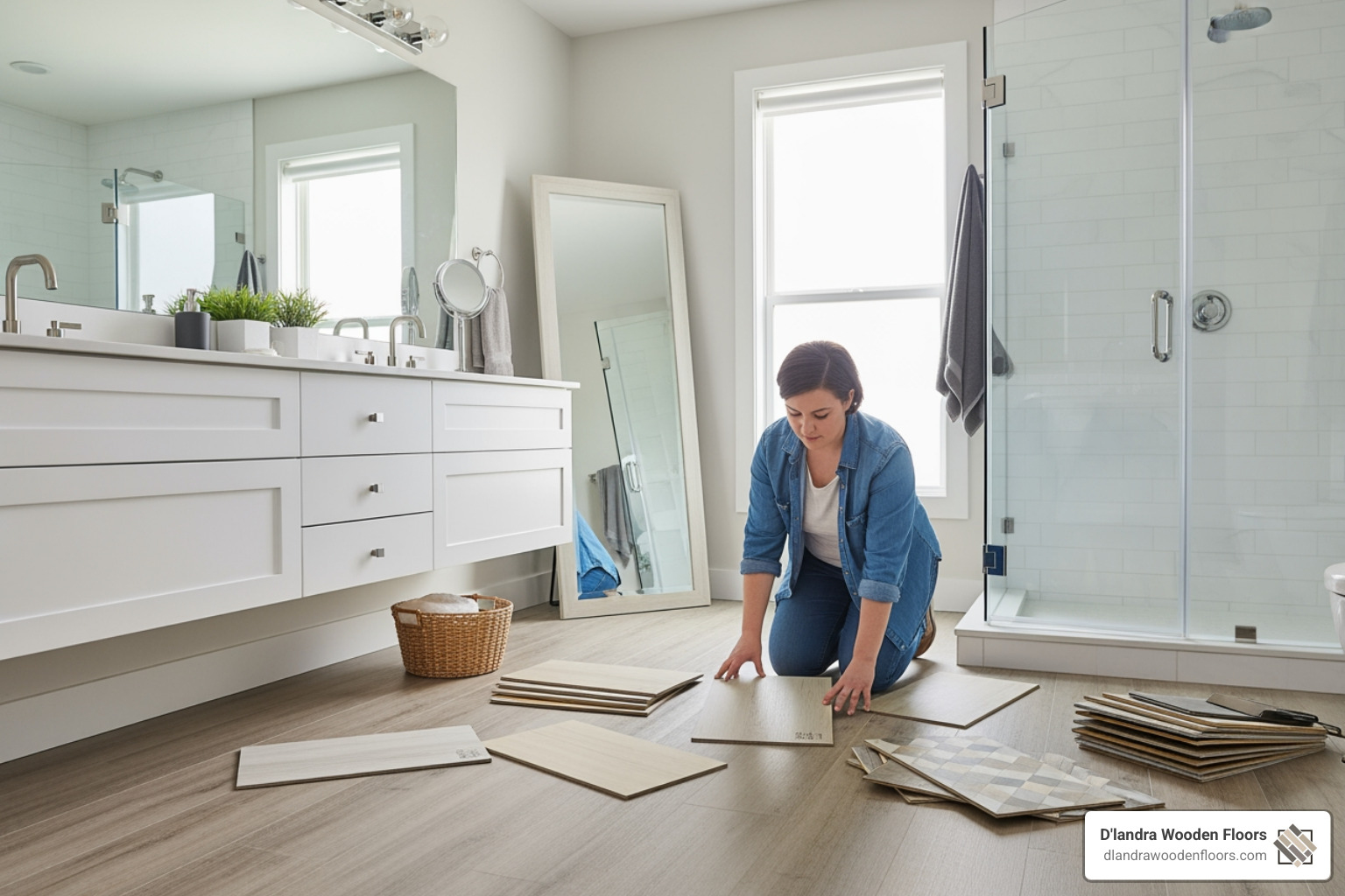 person comparing vinyl flooring samples in a home setting - waterproof bathroom vinyl flooring