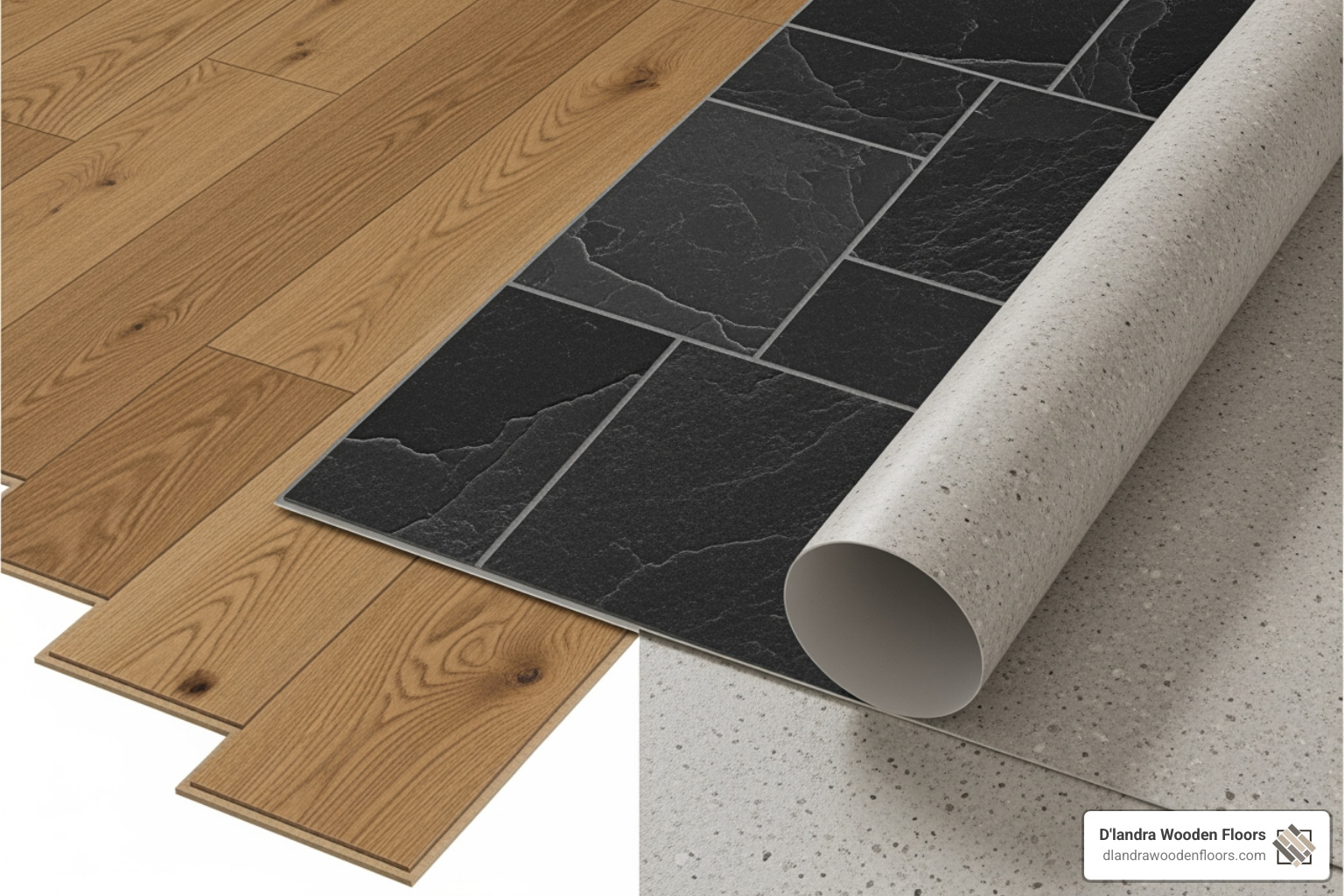 collage of different vinyl flooring types: planks, tiles, and a sheet roll - waterproof bathroom vinyl flooring