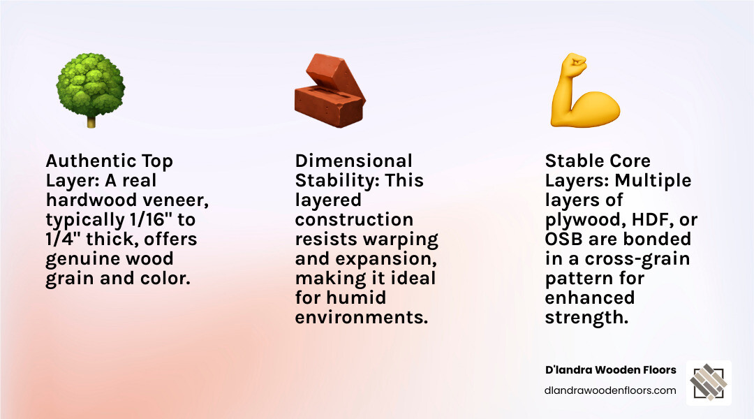 Infographic showing the cross-section of engineered wood flooring with labeled layers: top hardwood veneer wear layer, multiple core layers of plywood or HDF arranged in cross-grain pattern for stability, and bottom balancing layer, with annotations showing typical thickness measurements and benefits of each layer - engineered wood installation infographic 3_facts_emoji_light-gradient Infographic showing the cross-section of engineered wood flooring with labeled layers: top hardwood veneer wear layer, multiple core layers of plywood or HDF arranged in cross-grain pattern for stability, and bottom balancing layer, with annotations showing typical thickness measurements and benefits of each layer - engineered wood installation infographic 3_facts_emoji_light-gradient