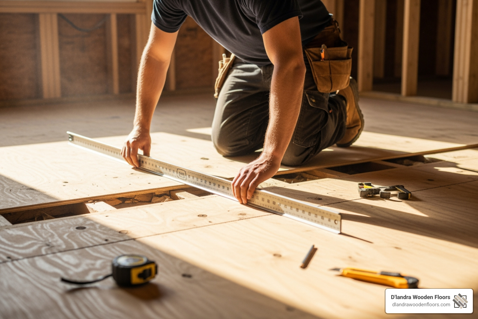 Person kneeling and using a straight edge to check the flatness of a subfloor - engineered wood installation Person kneeling and using a straight edge to check the flatness of a subfloor - engineered wood installation