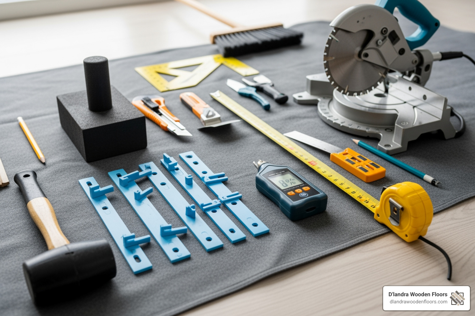 Essential tools for flooring installation laid out neatly on a drop cloth - engineered wood installation Essential tools for flooring installation laid out neatly on a drop cloth - engineered wood installation