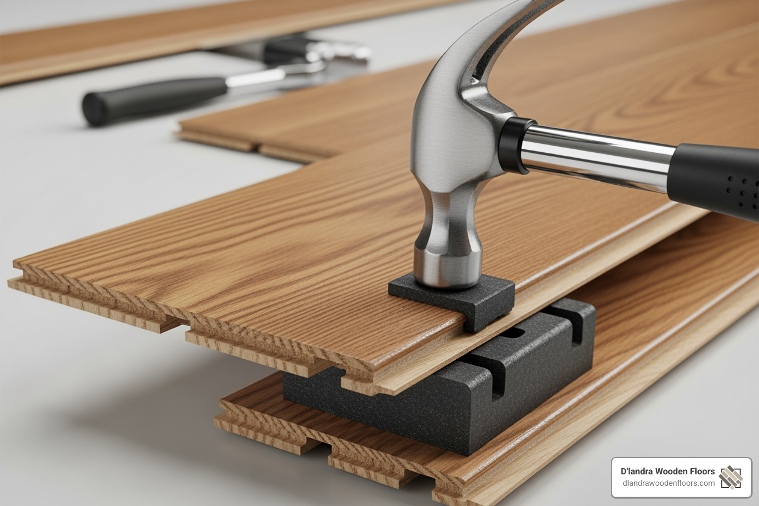Close-up of engineered wood planks being clicked into place using a tapping block and hammer - engineered wood installation Close-up of engineered wood planks being clicked into place using a tapping block and hammer - engineered wood installation