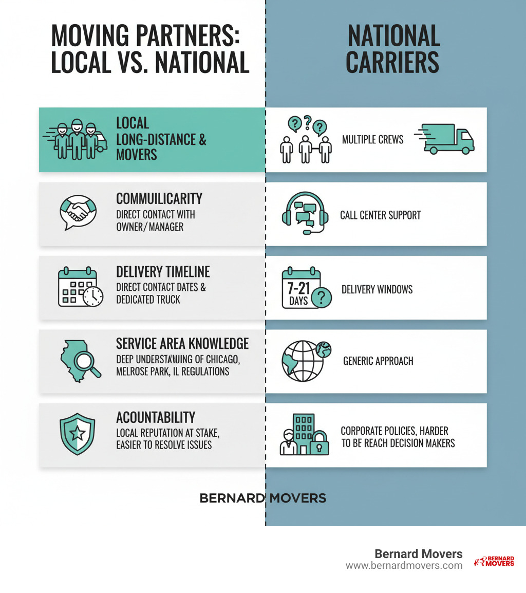 Infographic comparing local long-distance movers versus national carriers: Shows side-by-side comparison with categories for Crew Familiarity (Local: Same team loads and unloads vs National: Multiple crews), Communication (Local: Direct contact with owner/manager vs National: Call center support), Delivery Timeline (Local: Guaranteed dates with dedicated truck vs National: Delivery windows of 7-21 days), Service Area Knowledge (Local: Deep understanding of Chicago, Melrose Park, Illinois regulations vs National: Generic approach), and Accountability (Local: Local reputation at stake, easier to resolve issues vs National: Corporate policies, harder to reach decision makers) - local long distance movers infographic Infographic comparing local long-distance movers versus national carriers: Shows side-by-side comparison with categories for Crew Familiarity (Local: Same team loads and unloads vs National: Multiple crews), Communication (Local: Direct contact with owner/manager vs National: Call center support), Delivery Timeline (Local: Guaranteed dates with dedicated truck vs National: Delivery windows of 7-21 days), Service Area Knowledge (Local: Deep understanding of Chicago, Melrose Park, Illinois regulations vs National: Generic approach), and Accountability (Local: Local reputation at stake, easier to resolve issues vs National: Corporate policies, harder to reach decision makers) - local long distance movers infographic