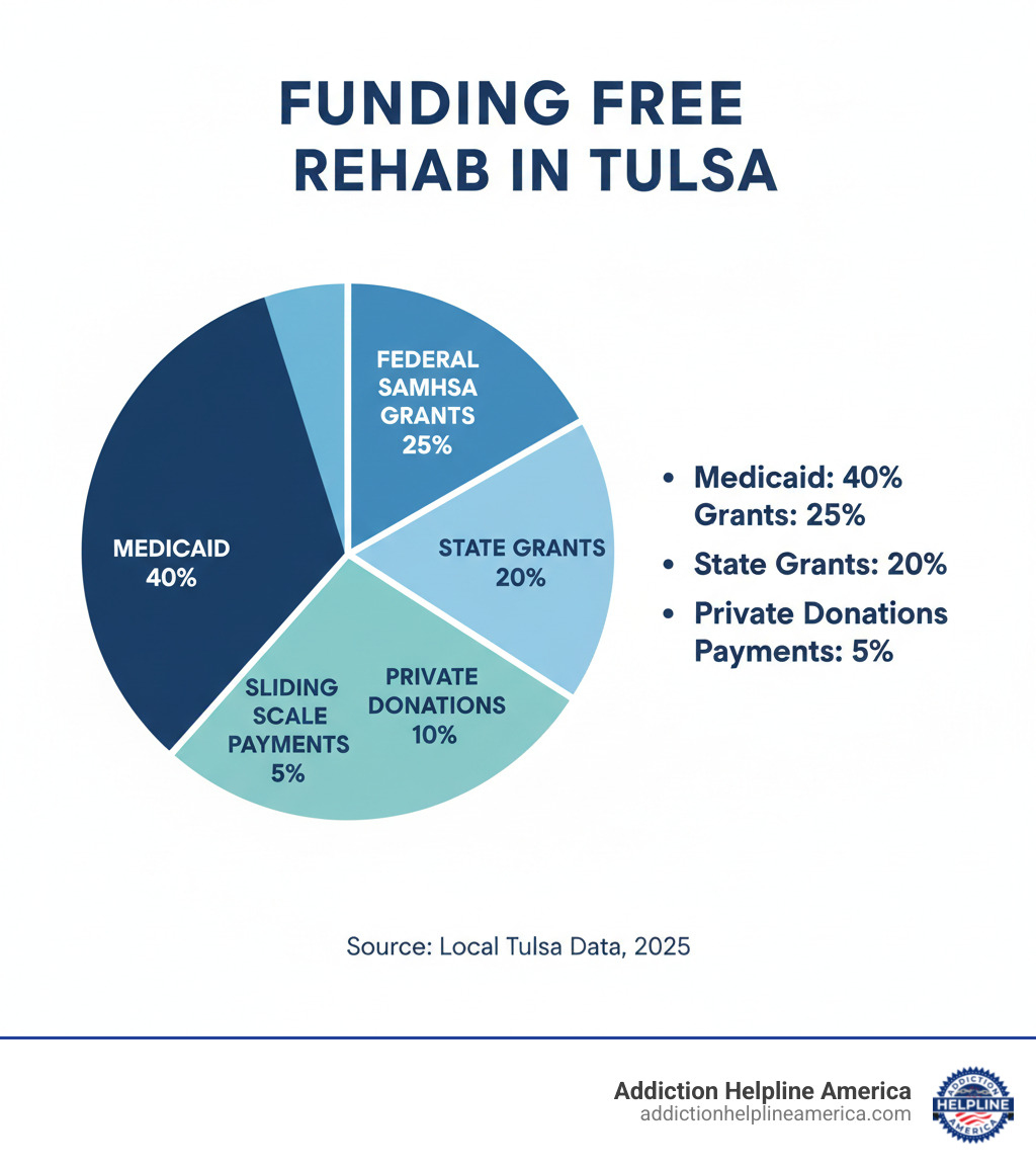 infographic showing funding sources for free rehab: medicaid covers 40%, federal samhsa grants cover 25%, state grants cover 20%, private donations cover 10%, and sliding scale payments cover 5% - free in patient rehab places in tulsa area infographic infographic showing funding sources for free rehab: medicaid covers 40%, federal samhsa grants cover 25%, state grants cover 20%, private donations cover 10%, and sliding scale payments cover 5% - free in patient rehab places in tulsa area infographic