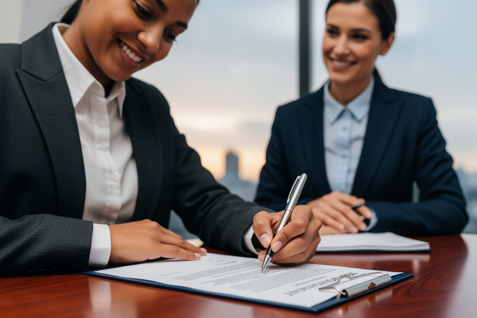 person confidently signing a document with a consultant smiling in the background - franchise consultancy services