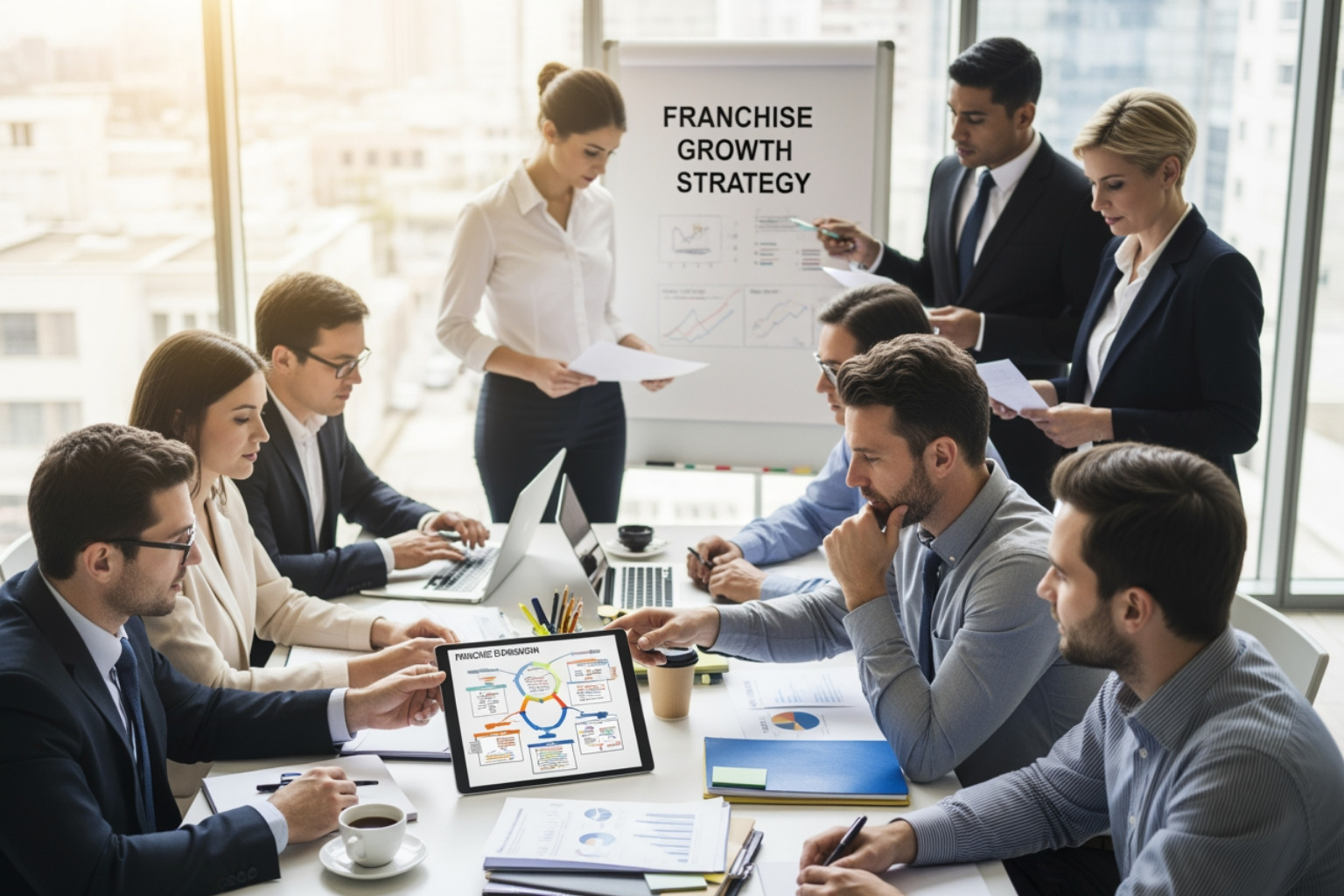 split screen showing a new franchise storefront on one side and a business owner planning expansion on the other - franchise consultancy services