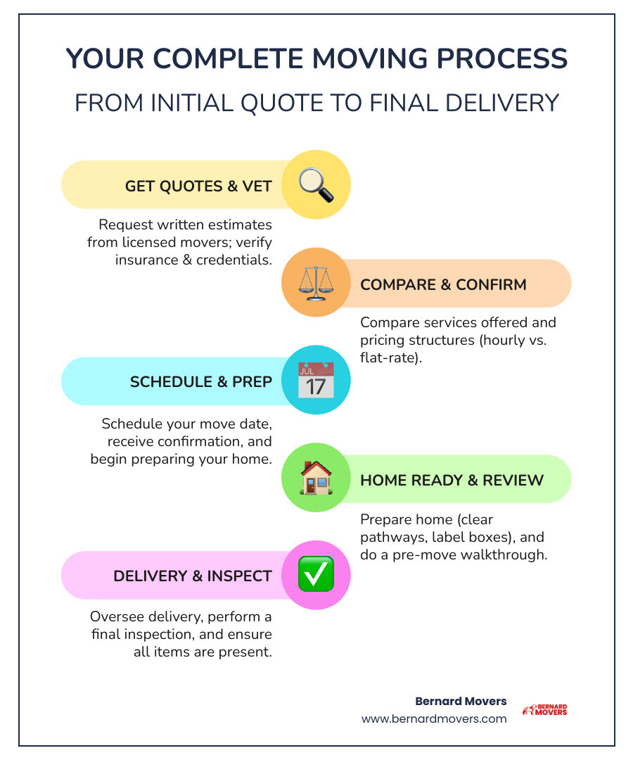 Infographic showing the complete moving process from initial quote through final delivery, including key steps: 1) Request written estimates from licensed movers 2) Verify insurance and ILCC/USDOT credentials 3) Compare services offered (packing, loading, storage) 4) Confirm pricing structure (hourly vs flat-rate) 5) Schedule move date and receive confirmation 6) Prepare home with clear pathways and labeled boxes 7) Day-of walkthrough with moving crew 8) Final inspection and delivery completion - nearby moving companies infographic infographic-line-5-steps-colors Infographic showing the complete moving process from initial quote through final delivery, including key steps: 1) Request written estimates from licensed movers 2) Verify insurance and ILCC/USDOT credentials 3) Compare services offered (packing, loading, storage) 4) Confirm pricing structure (hourly vs flat-rate) 5) Schedule move date and receive confirmation 6) Prepare home with clear pathways and labeled boxes 7) Day-of walkthrough with moving crew 8) Final inspection and delivery completion - nearby moving companies infographic infographic-line-5-steps-colors