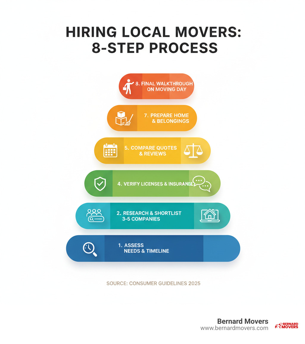 Infographic showing the complete process of hiring local movers: Step 1 - Assess your moving needs and timeline; Step 2 - Research and shortlist 3-5 local moving companies; Step 3 - Verify licensing and insurance credentials; Step 4 - Schedule in-home or virtual estimates; Step 5 - Compare quotes, services, and reviews; Step 6 - Book your mover 2-4 weeks in advance; Step 7 - Prepare your home and belongings; Step 8 - Conduct final walkthrough on moving day - shifting service near me infographic 