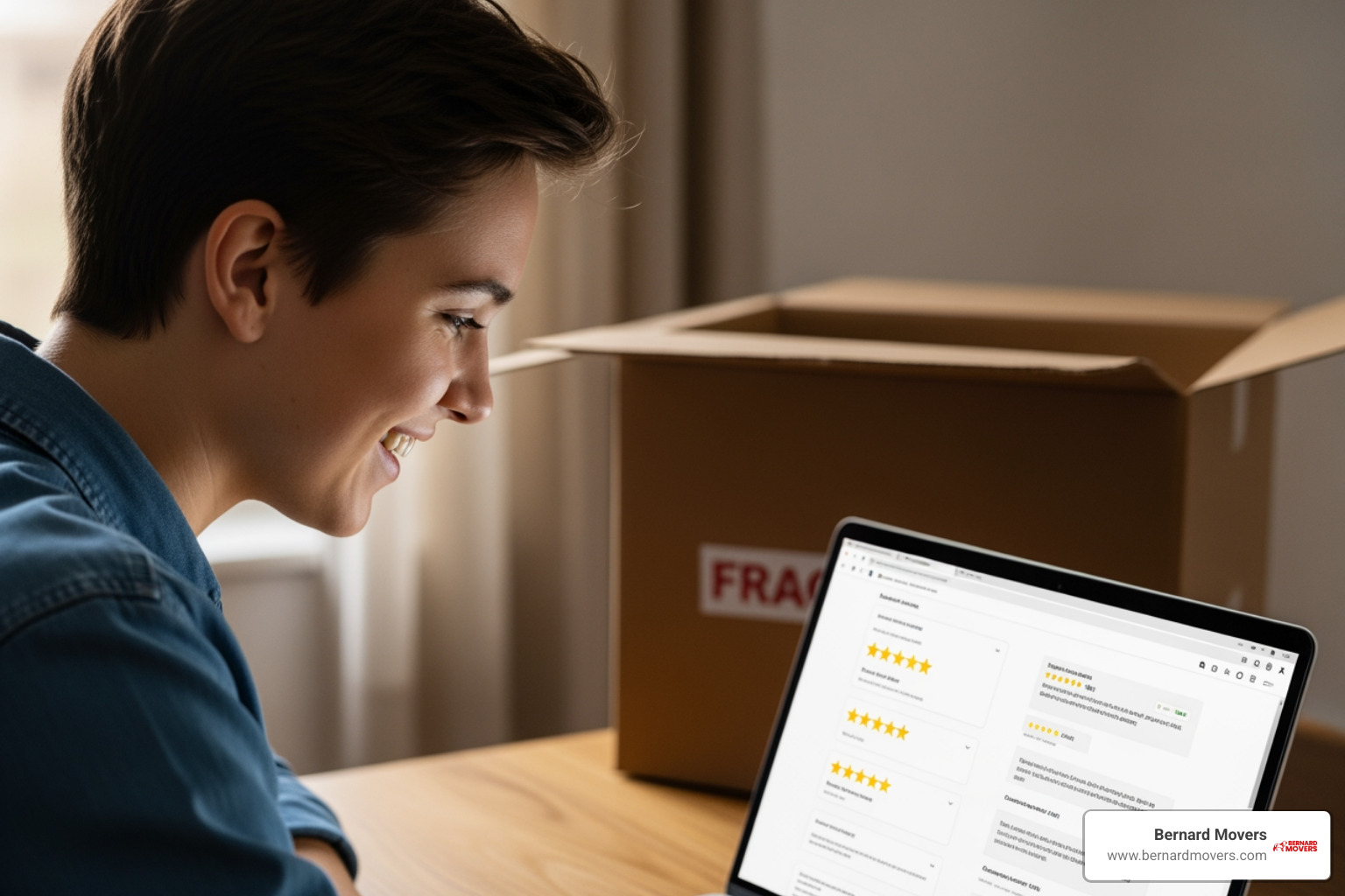 A person sitting at a laptop, smiling, reading positive online reviews for Bernard Movers, with a moving box in the background - local movers to load truck