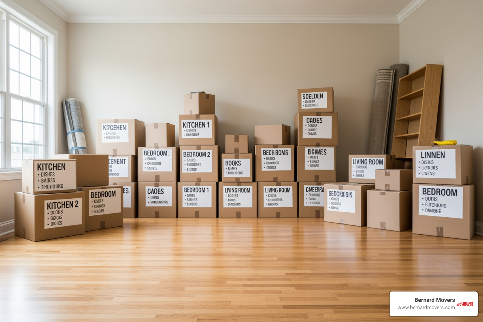 Neatly stacked and labeled moving boxes in a cleared-out room, ready for movers - local movers to load truck
