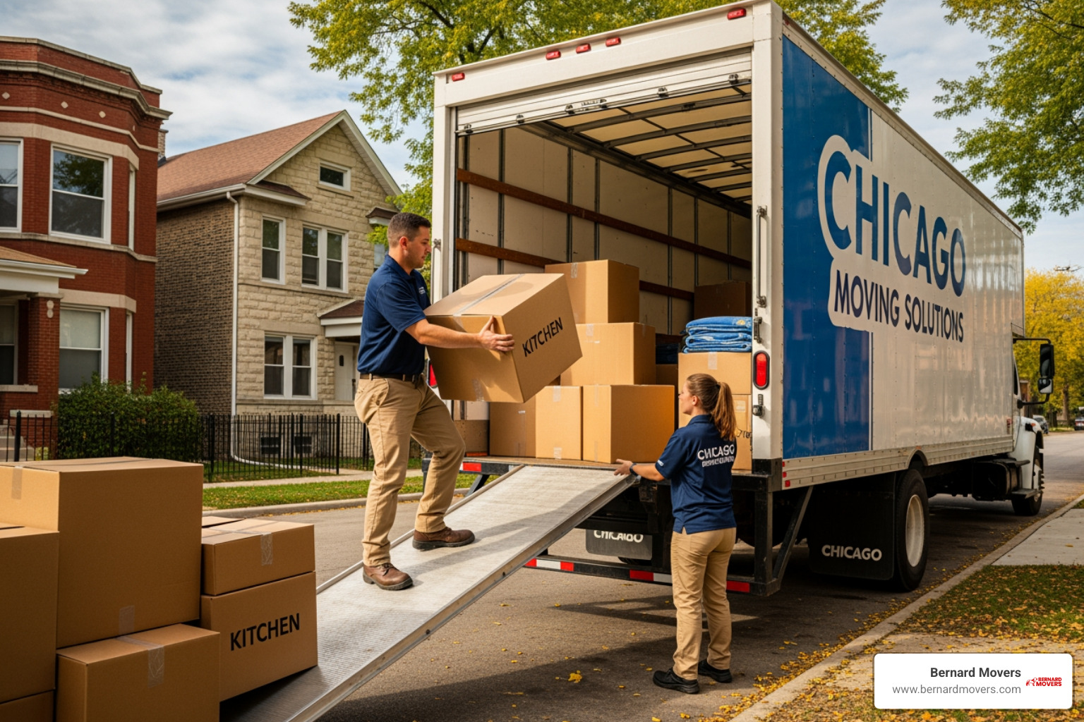 professional movers carefully loading boxes onto a moving truck in a Chicago neighborhood - short distance movers cost