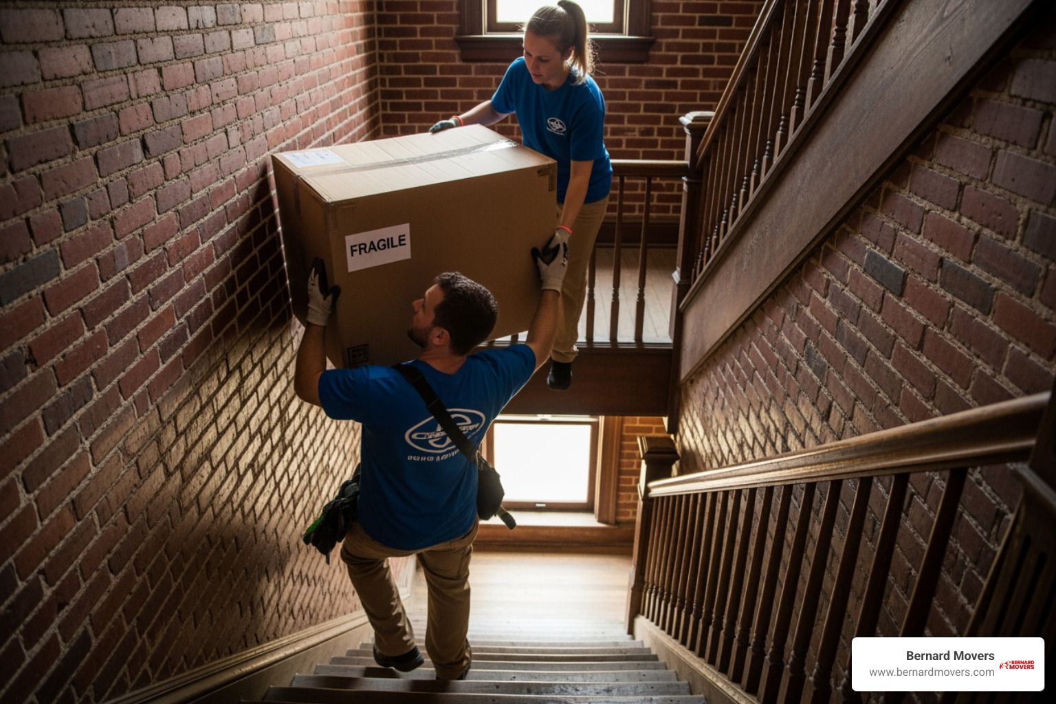 movers navigating a narrow staircase in a classic Chicago brick apartment building - short distance movers cost