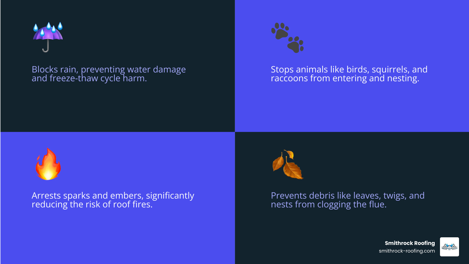 Infographic showing the four essential functions of a chimney cap: 1) A rain cloud with water droplets being blocked by the cap labeled "Prevents Water Damage", 2) A squirrel and bird being stopped by mesh screening labeled "Blocks Animal Entry", 3) Sparks and embers being contained by mesh labeled "Arrests Sparks and Embers", and 4) Leaves and twigs being kept out labeled "Stops Debris Accumulation" - types of chimney cap replacement infographic 4_facts_emoji_blue