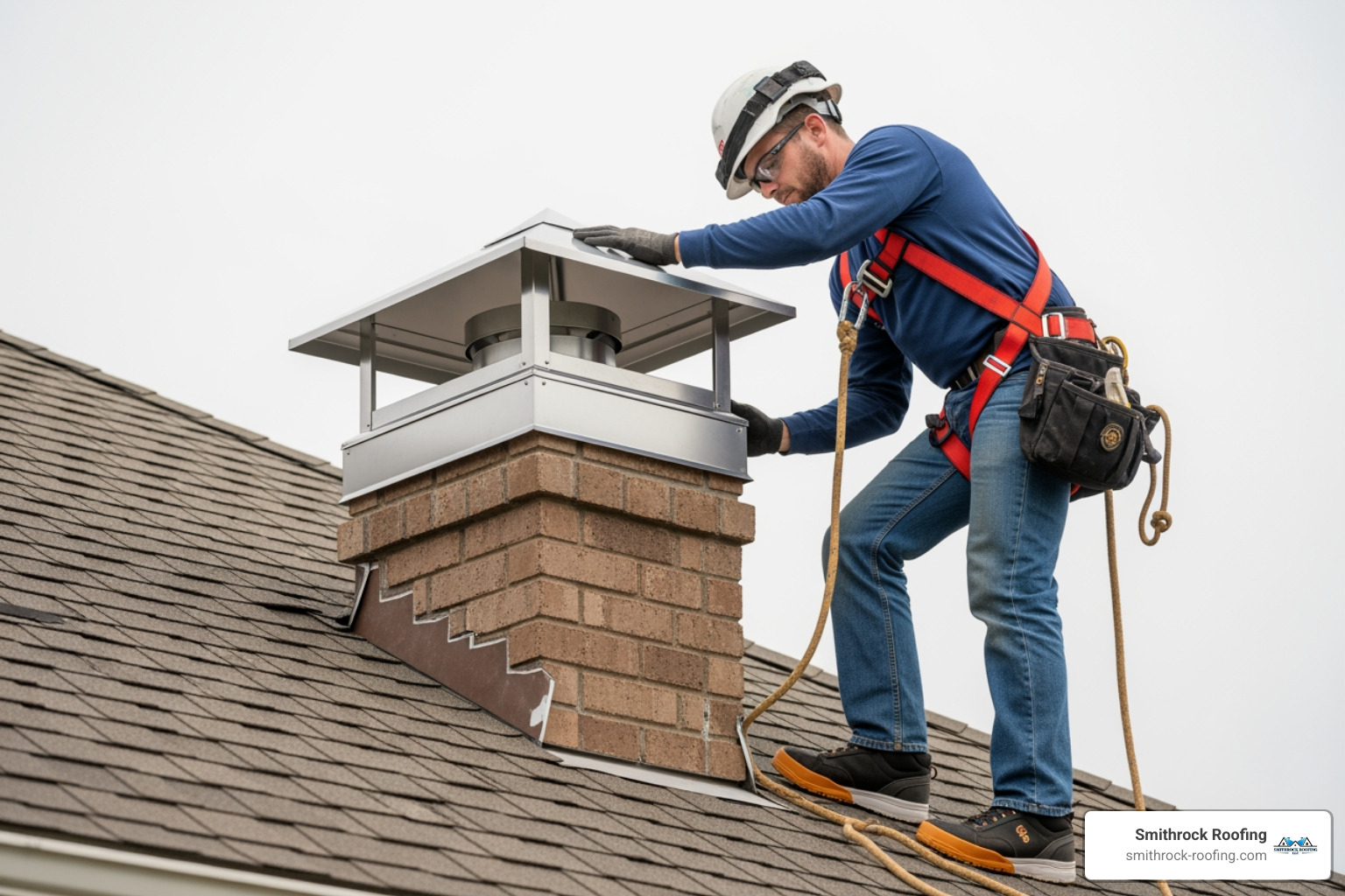 professional roofer safely installing custom chimney cap - types of chimney cap replacement