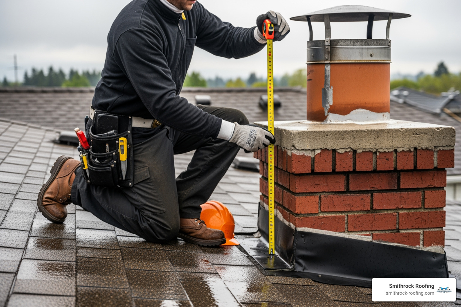 person using tape measure on chimney flue - types of chimney cap replacement