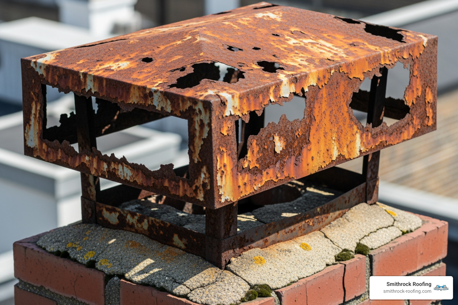 rusted and damaged chimney cap with visible holes - types of chimney cap replacement