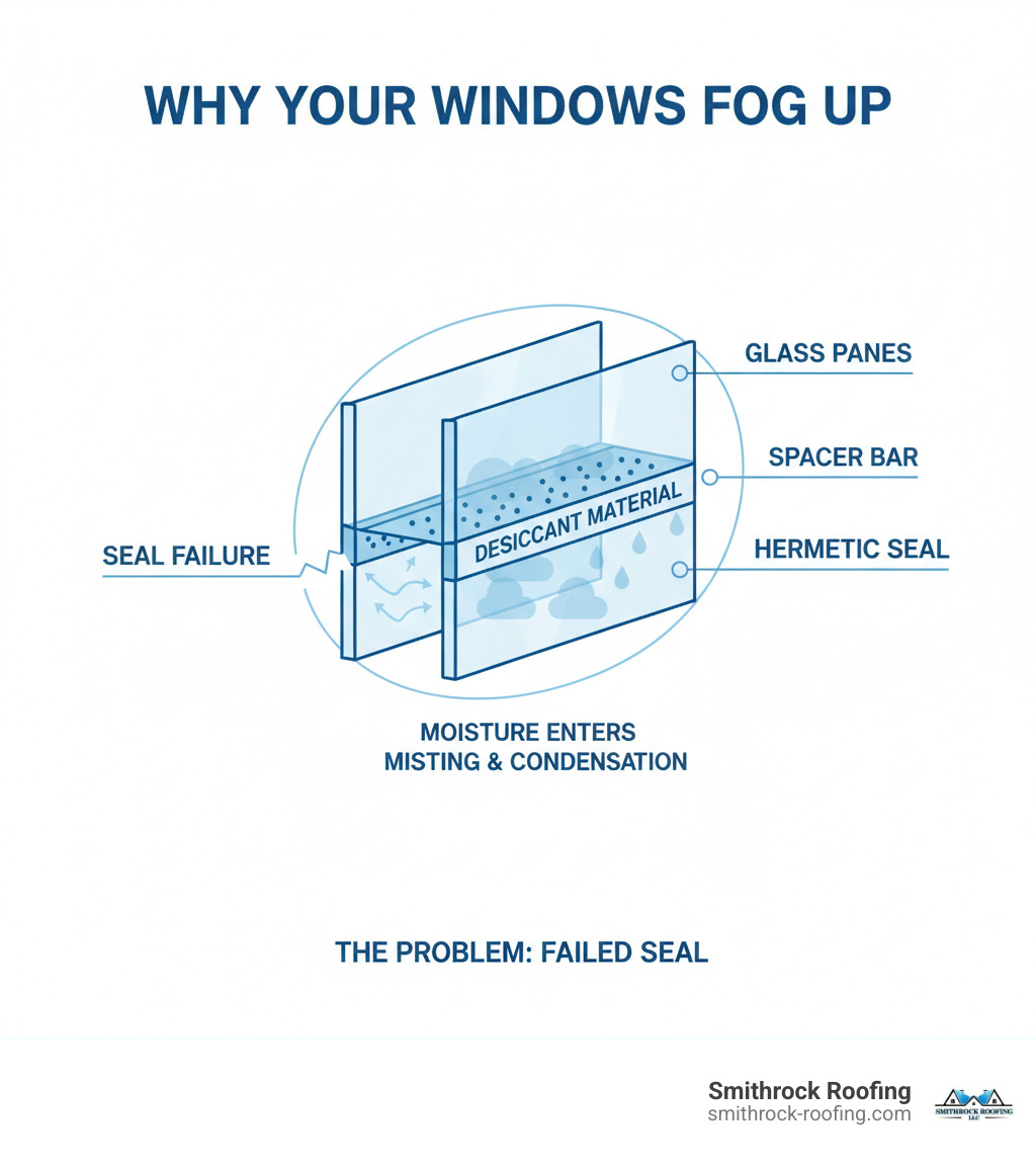 infographic showing cross-section of double-glazed window with labeled parts including two glass panes, spacer bar, desiccant material, hermetic seal, and arrows indicating how seal failure allows moisture to enter between panes causing misting and condensation - replacing misted double glazed units near me infographic 
