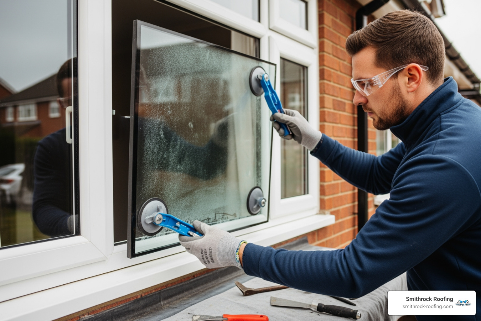 professional technician carefully removing a misted glass unit from a window frame - replacing misted double glazed units near me