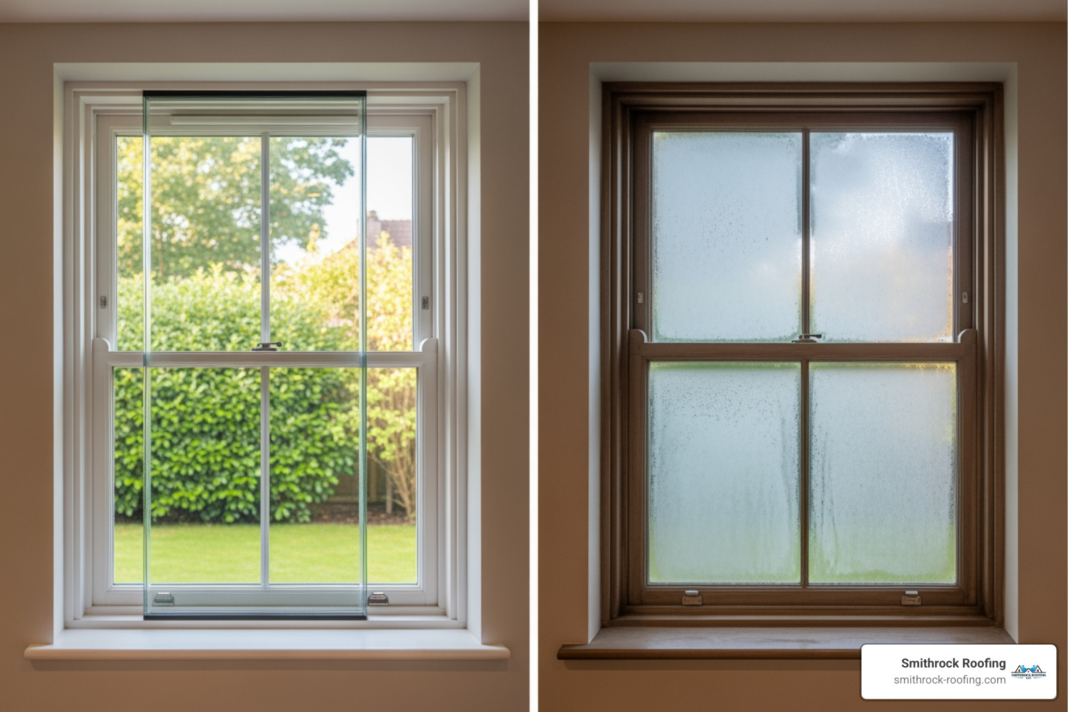 clear, new double-glazed unit next to a misted, old one in the same frame - replacing misted double glazed units near me