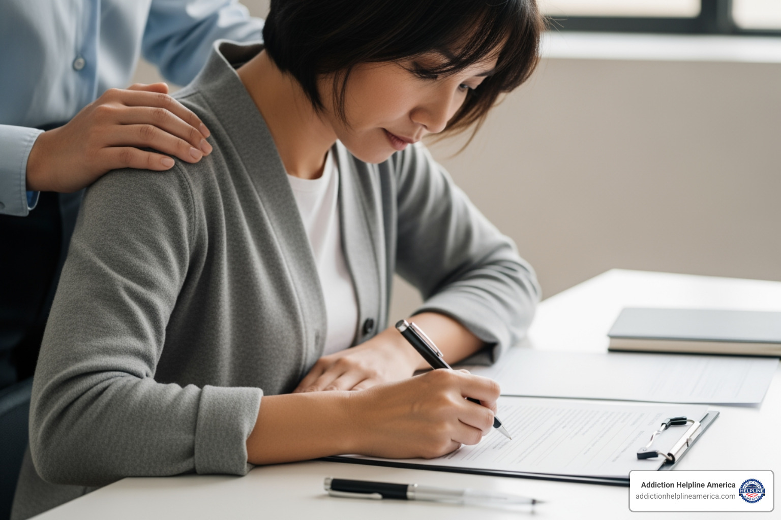 person filling out a form with a supportive hand on their shoulder - Free rehab Tulsa person filling out a form with a supportive hand on their shoulder - Free rehab Tulsa
