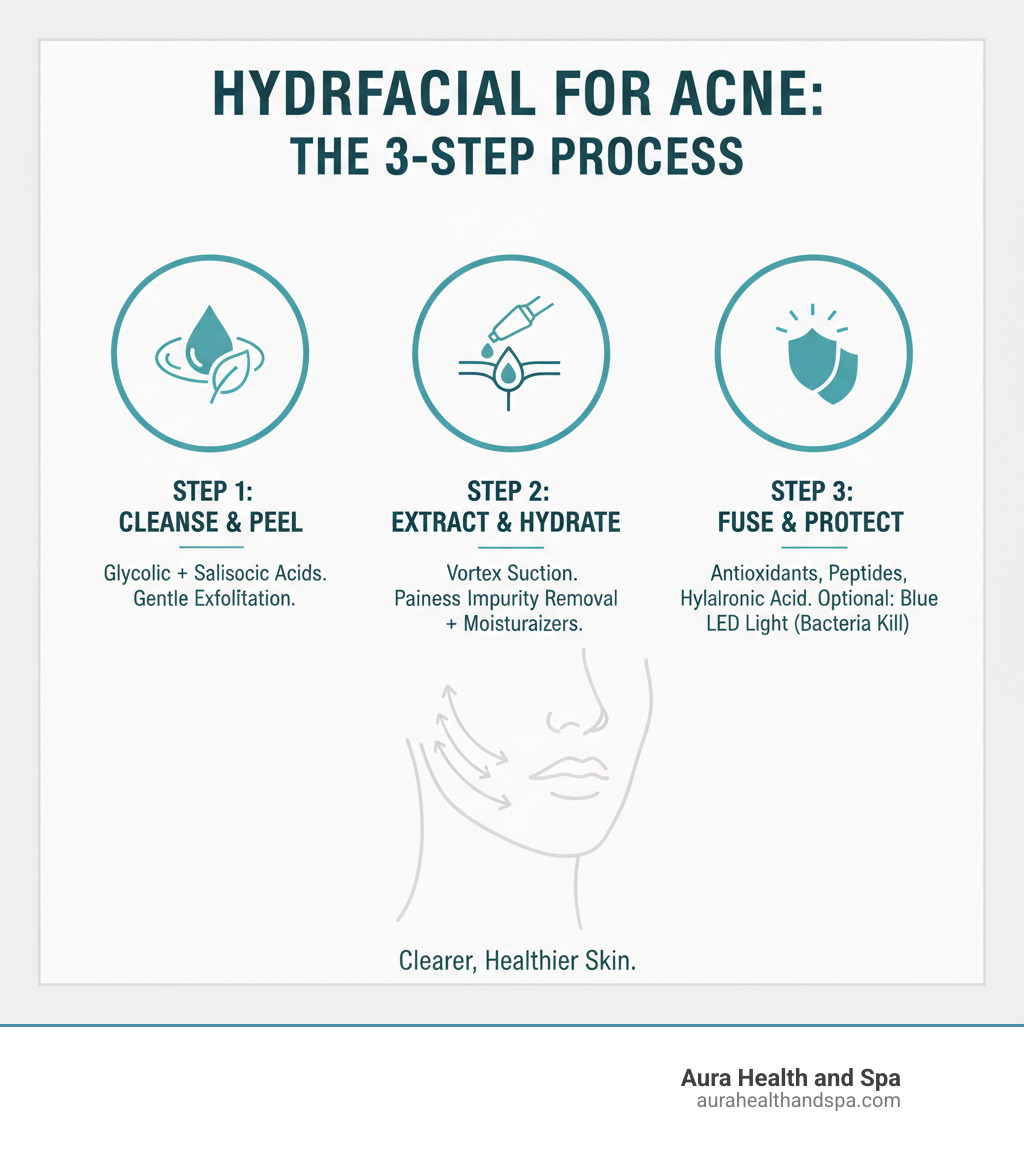 Infographic showing the complete Hydrafacial process for acne treatment: Step 1 - Cleanse and Peel using glycolic and salicylic acids to gently exfoliate and resurface; Step 2 - Extract and Hydrate using vortex suction to painlessly remove impurities while infusing moisturizers; Step 3 - Fuse and Protect by saturating skin with antioxidants, peptides, and hyaluronic acid, plus optional Blue LED Light Therapy to kill acne-causing bacteria - Hydrafacial for acne infographic 