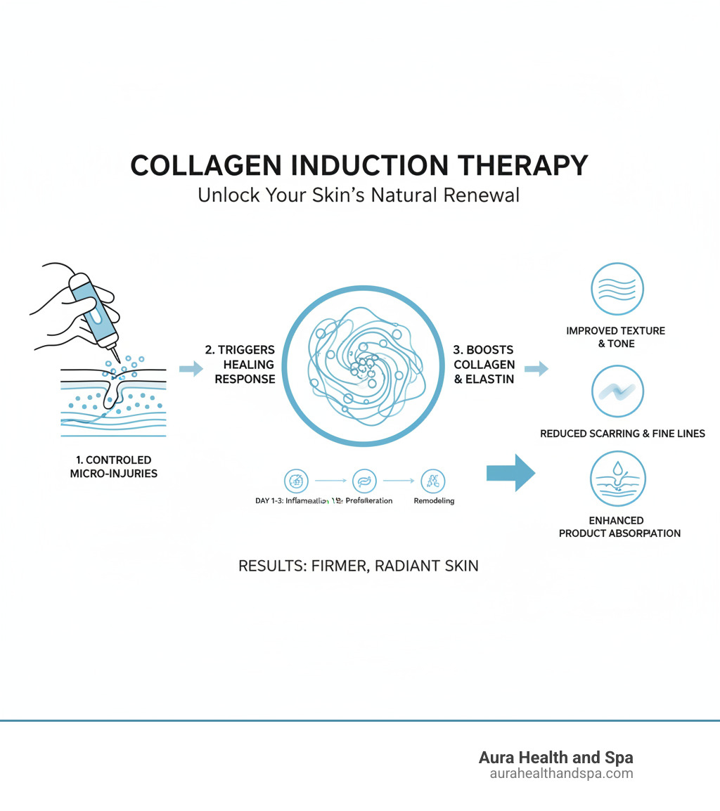 infographic showing how microneedling creates controlled micro-injuries that trigger collagen production, the timeline of skin healing response, and the resulting benefits including improved texture, reduced scarring, and enhanced product absorption - collagen induction therapy near me infographic 