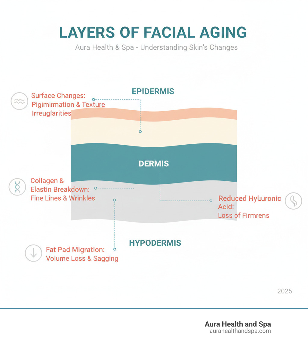 Infographic showing the layers of facial skin (epidermis, dermis, hypodermis) with callouts indicating where aging occurs: collagen and elastin breakdown in the dermis, fat pad migration in the hypodermis, and surface changes like pigmentation and texture in the epidermis - Facial rejuvenation treatment infographic 