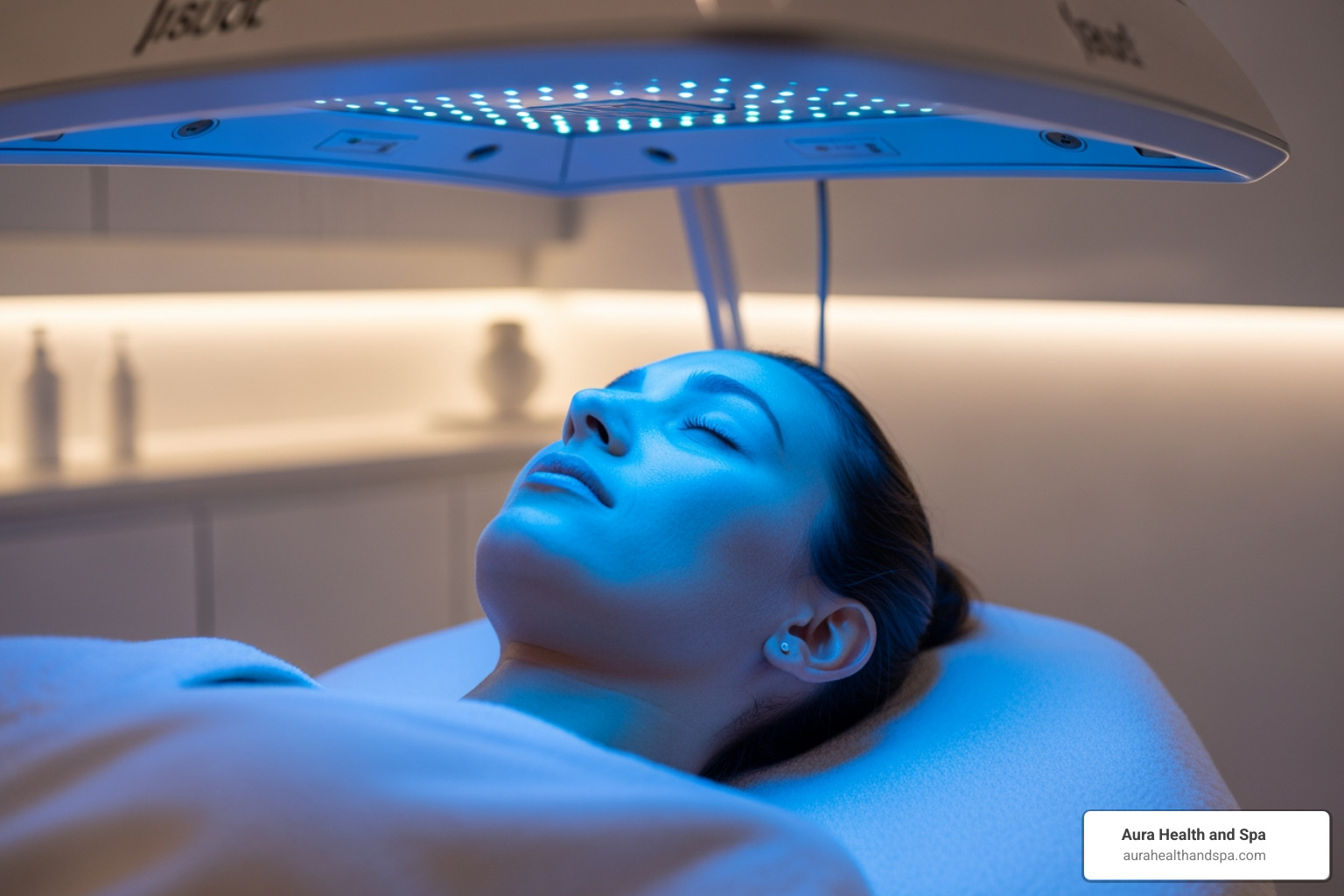client receiving blue LED light therapy - Hydrafacial for acne