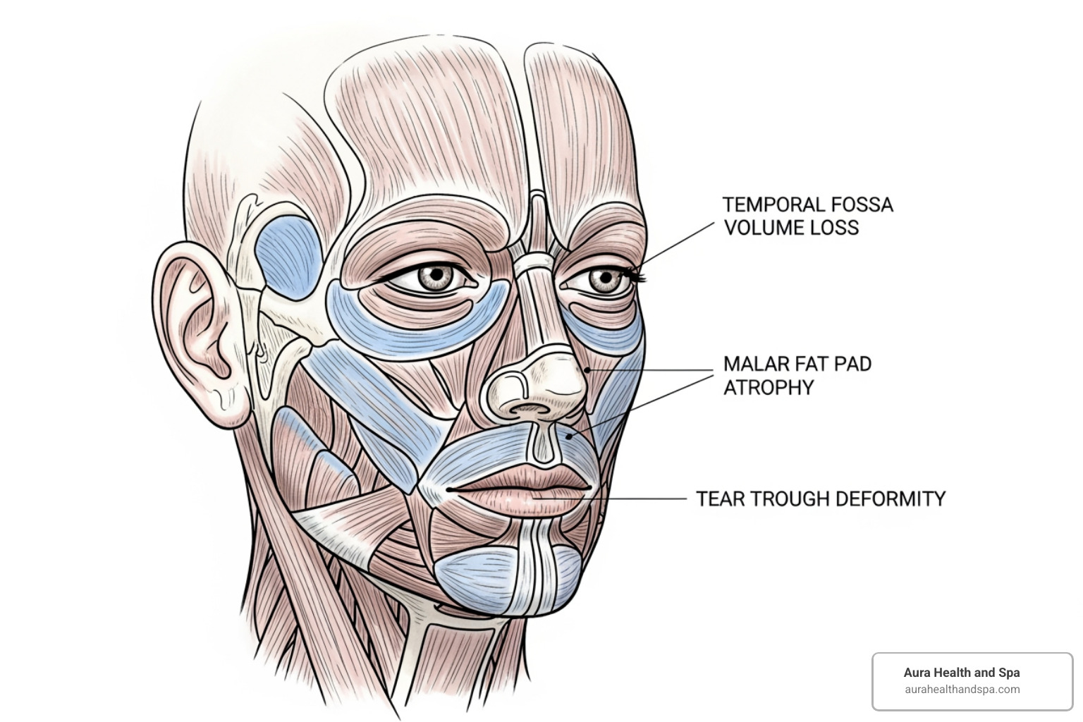 facial anatomy chart showing areas of volume loss like cheeks, temples, and under-eyes - liquid facelift Michigan