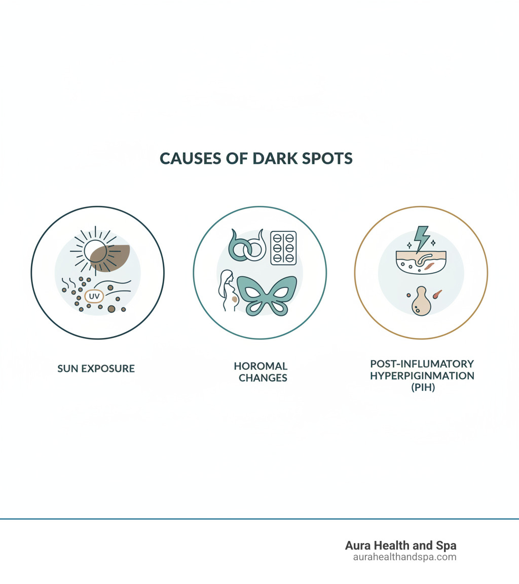 Infographic showing the three main causes of dark spots: sun exposure (UV rays trigger excess melanin production), hormonal changes (pregnancy, birth control, or menopause cause melasma), and post-inflammatory hyperpigmentation or PIH (acne, injury, or inflammation leave behind pigmented marks) - microneedling dark spots infographic 