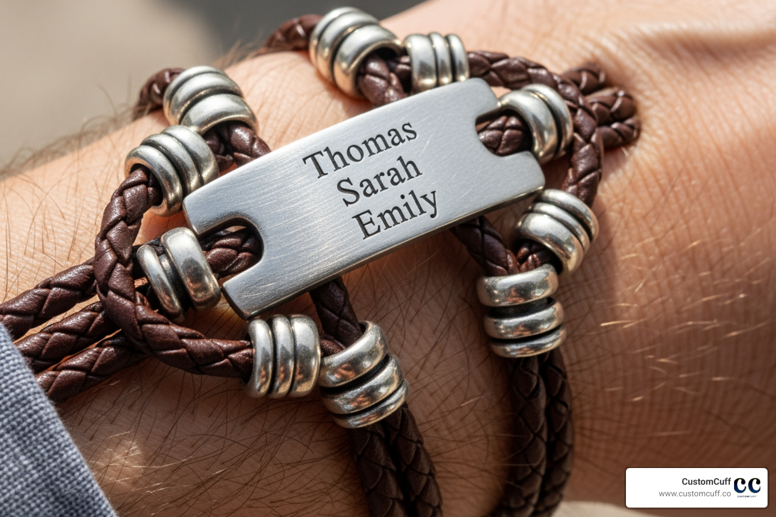 Man's wrist with a braided leather bracelet engraved with names - custom father's day bracelet Man's wrist with a braided leather bracelet engraved with names - custom father's day bracelet