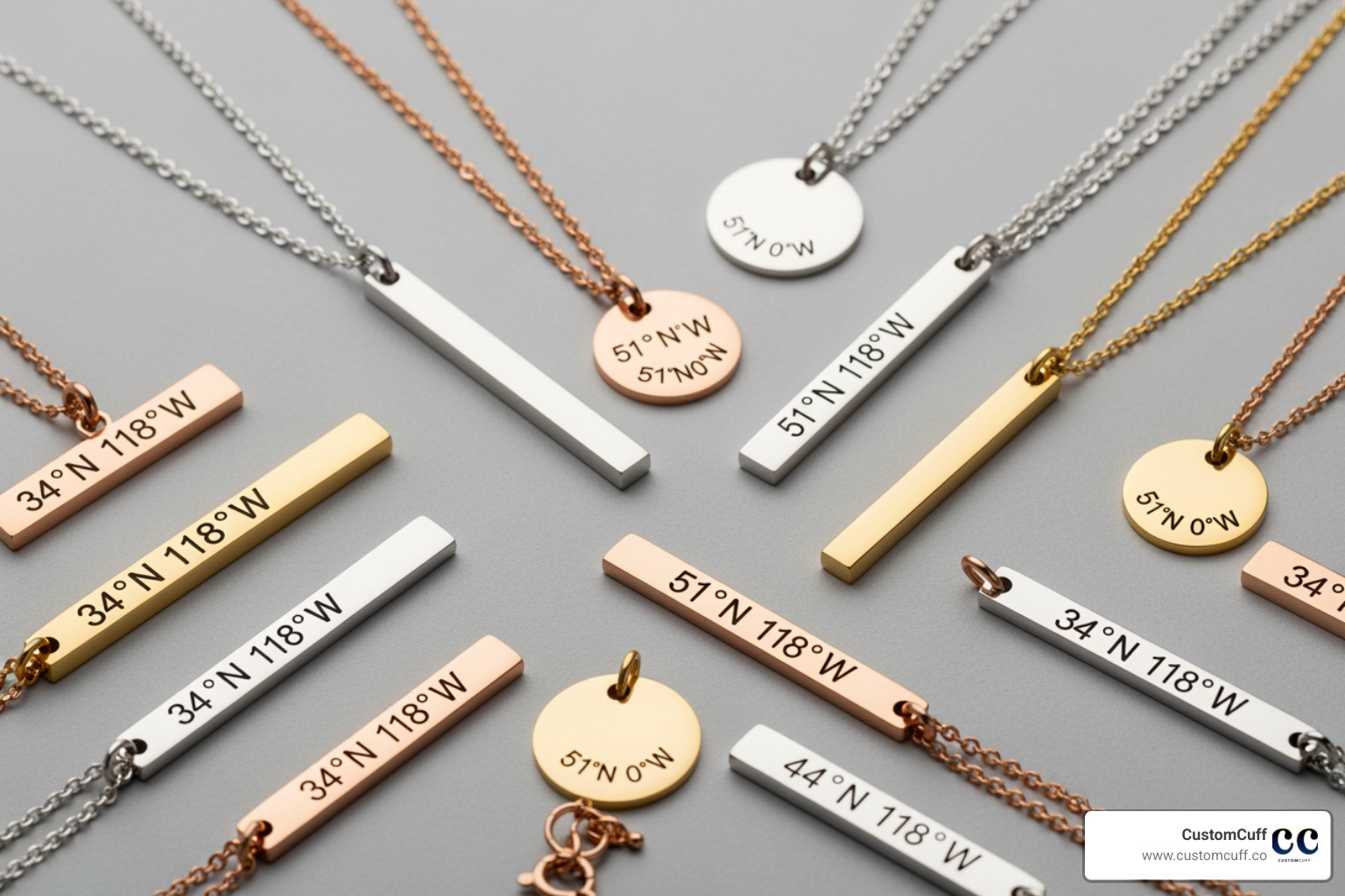 A flat lay arrangement of various coordinates engraved necklaces, including horizontal bar, vertical bar, and disc pendants in silver, gold, and rose gold finishes - coordinates engraved necklace A flat lay arrangement of various coordinates engraved necklaces, including horizontal bar, vertical bar, and disc pendants in silver, gold, and rose gold finishes - coordinates engraved necklace