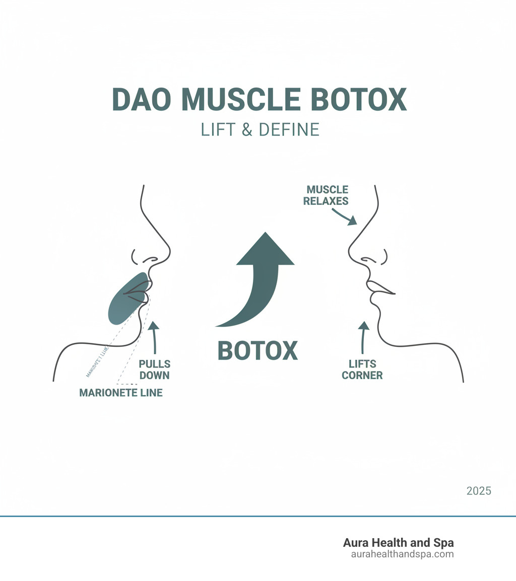 infographic showing side view of face with DAO muscle highlighted pulling down mouth corner, creating marionette line, with arrow showing how Botox relaxes the muscle to lift corner - dao muscle botox infographic 
