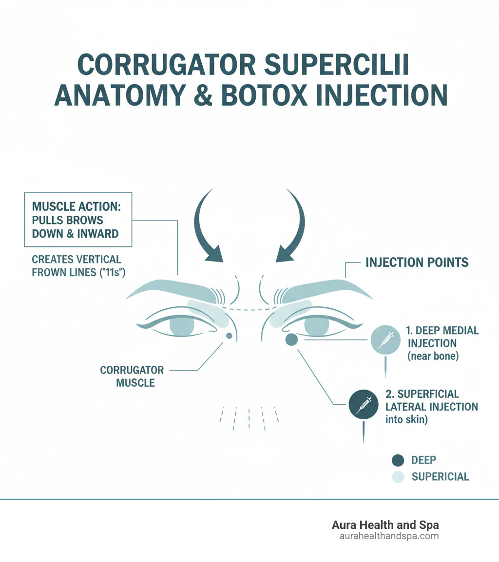 Infographic showing the corrugator supercilii muscle anatomy, its location beneath the eyebrow, how it pulls the brow down and inward to create vertical frown lines, and the recommended injection points at different depths - deep medial injections near the bone and superficial lateral injections where the muscle inserts into the skin - corrugator muscle botox infographic 