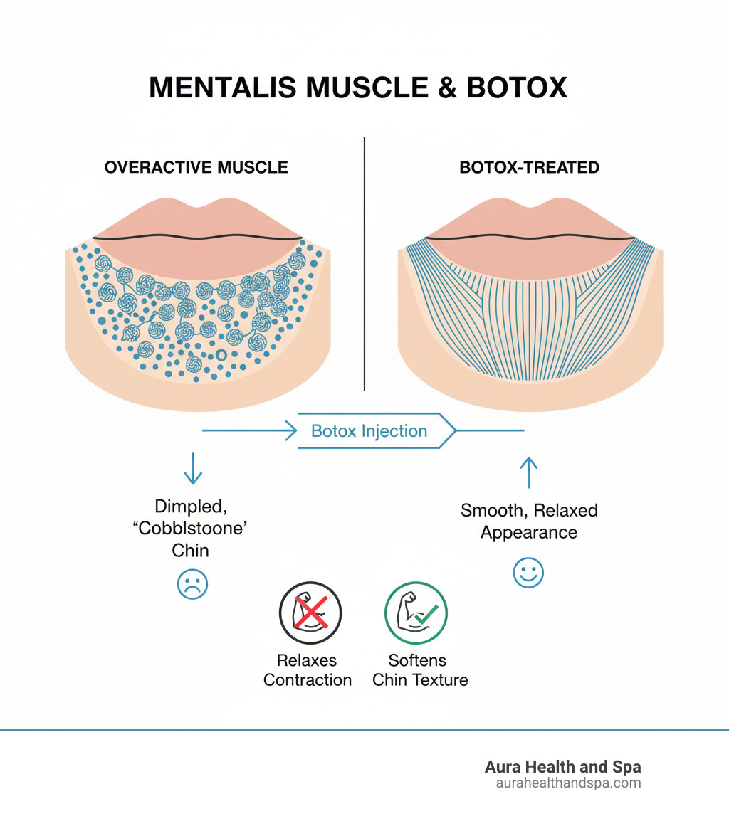 Infographic explaining how an overactive mentalis muscle contracts to create a dimpled, "cobblestone" texture on the chin, and how Botox relaxes this muscle to smooth the appearance - mentalis muscle botox infographic 
