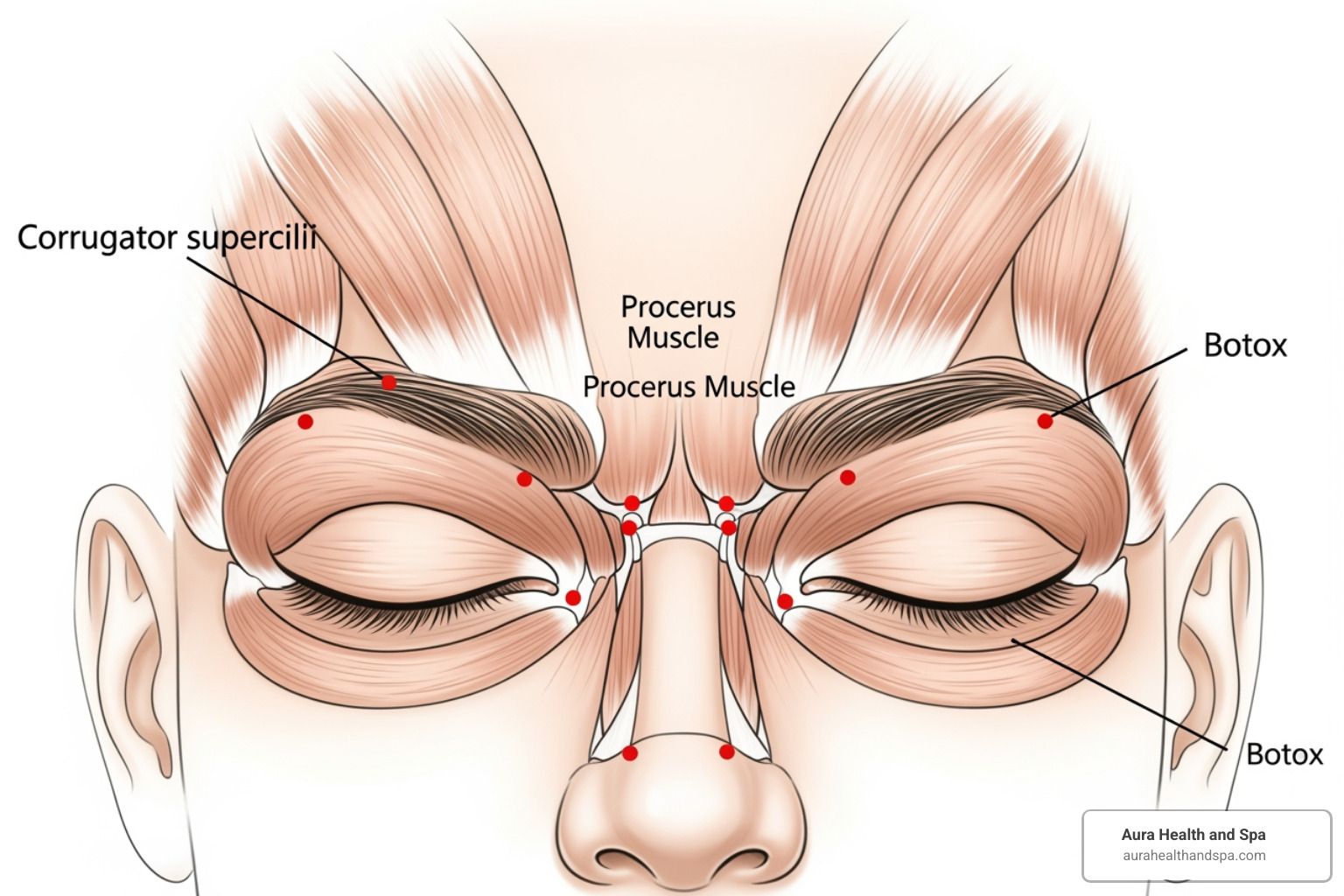 injection points for corrugator and procerus muscles - corrugator muscle botox