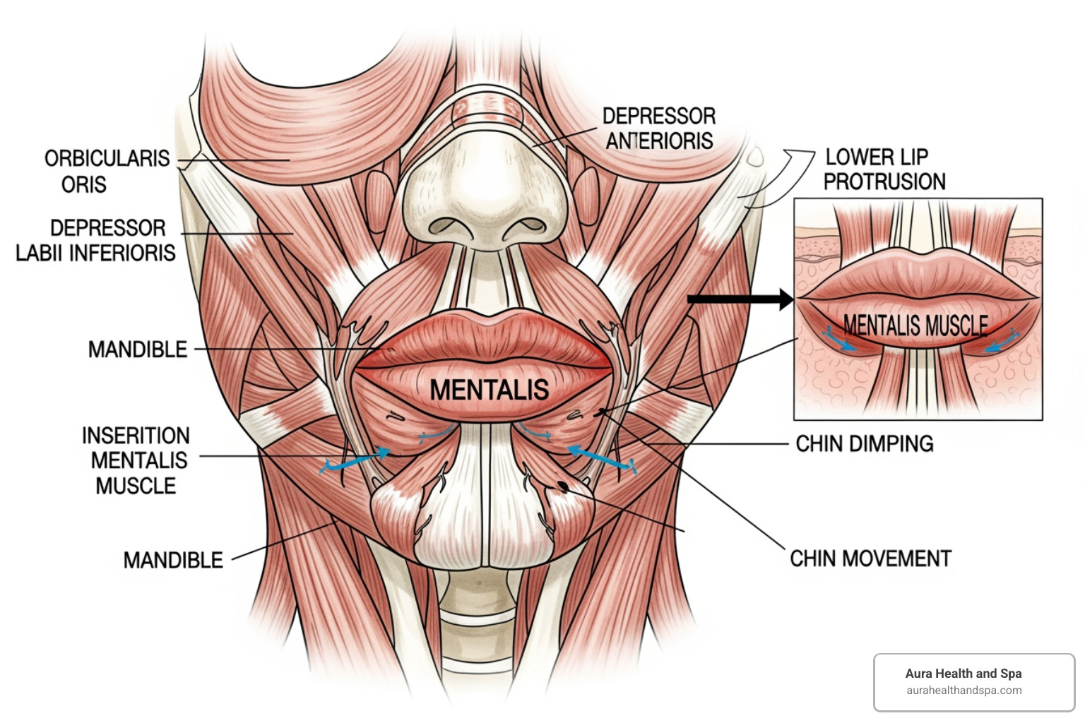 diagram showing the location and function of the mentalis muscle in the lower face - mentalis muscle botox