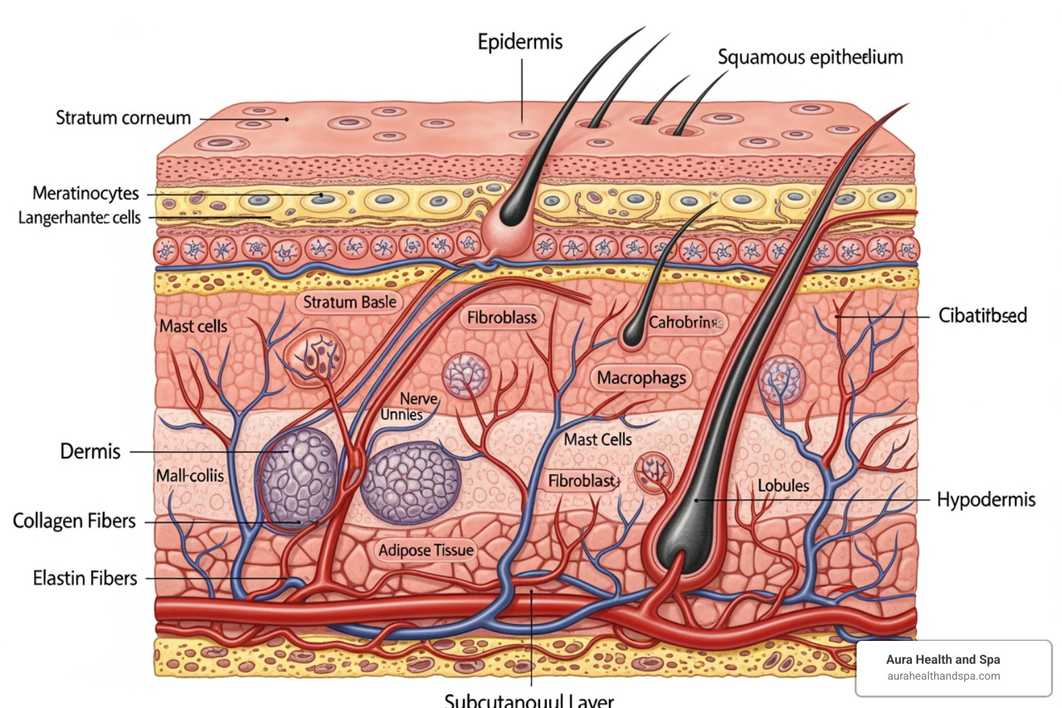 illustration of skin layers and cellular activity, showing collagen and elastin production - therapeutic facial treatments