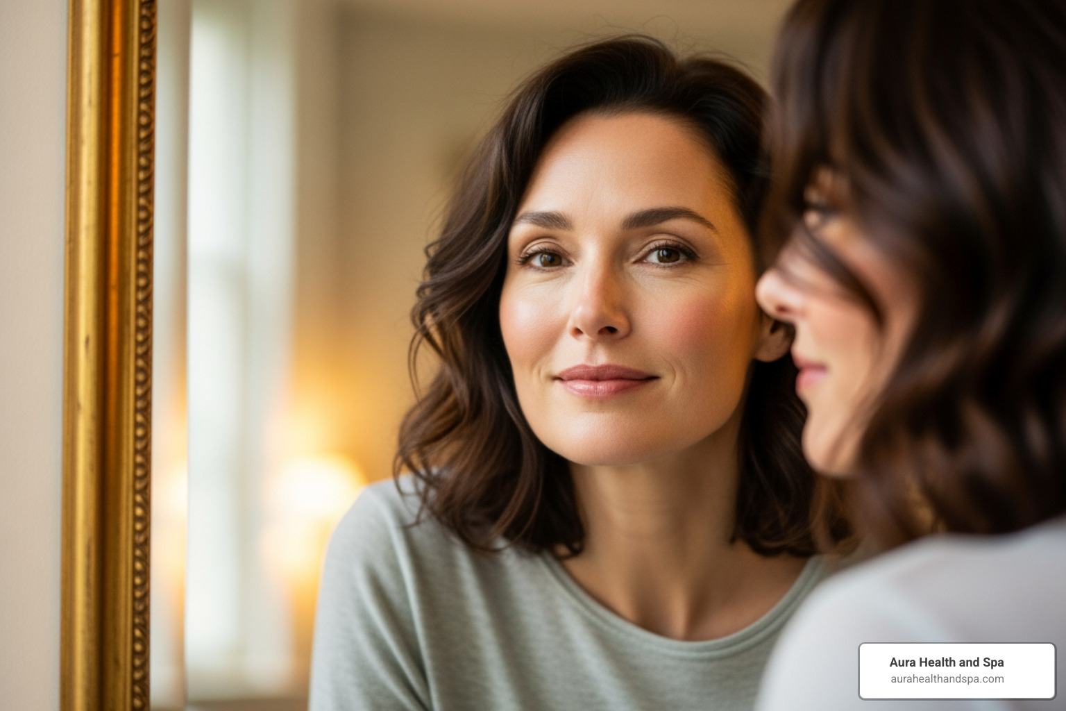 person in their 40s with glowing, healthy skin looking confidently in a mirror - therapeutic facial treatments