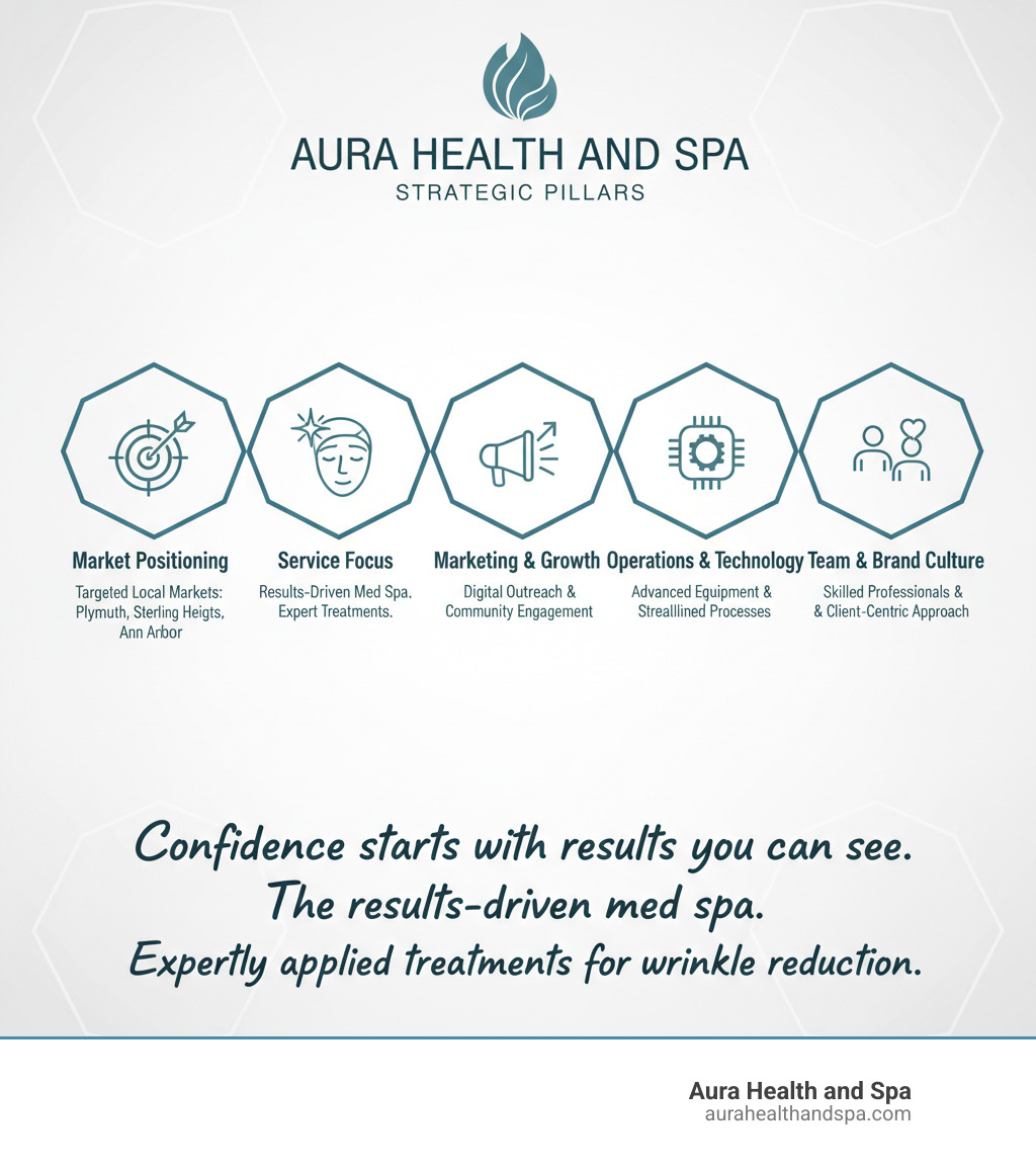 Infographic showing Aura Health and Spa's strategic pillars: Market Positioning, Service Focus, Marketing & Growth, Operations & Technology, and Team & Brand Culture. Key messages include 