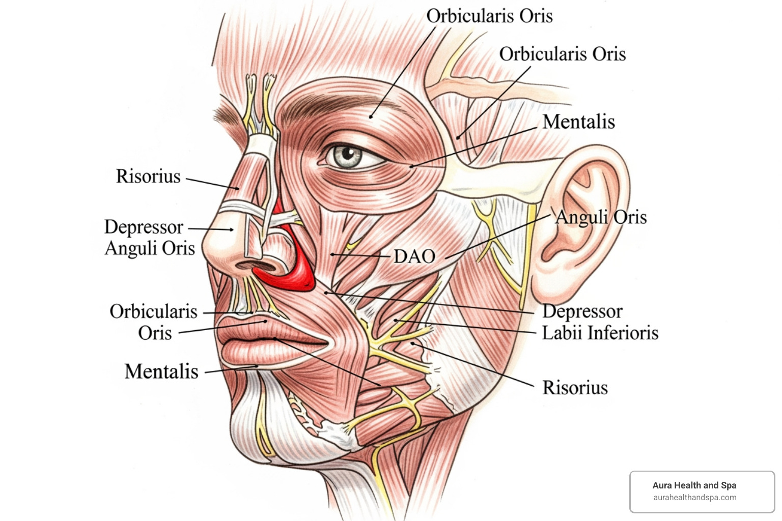 anatomical illustration of the lower face muscles, with the DAO muscle highlighted - dao muscle botox
