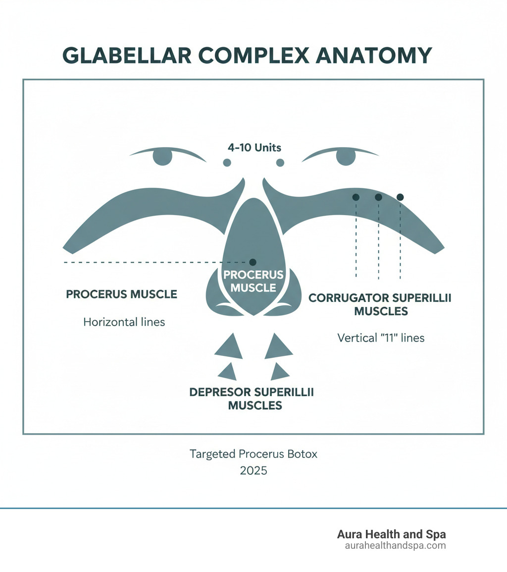 Infographic showing the glabellar complex anatomy with the procerus muscle highlighted in the midline between the eyebrows, the corrugator supercilii muscles on either side creating vertical lines, and the depressor supercilii muscles. Labels indicate that the procerus creates horizontal lines across the nose bridge, while corrugators create vertical "11" lines. Injection points are marked showing the procerus receives 4-10 units in the midline, positioned at the level of the medial canthi. - procerus muscle botox infographic 
