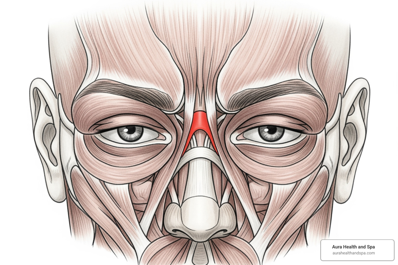 Anatomical diagram clearly showing the procerus muscle's location and shape, highlighting its origin at the nasal bone and insertion into the skin between the eyebrows. - procerus muscle botox