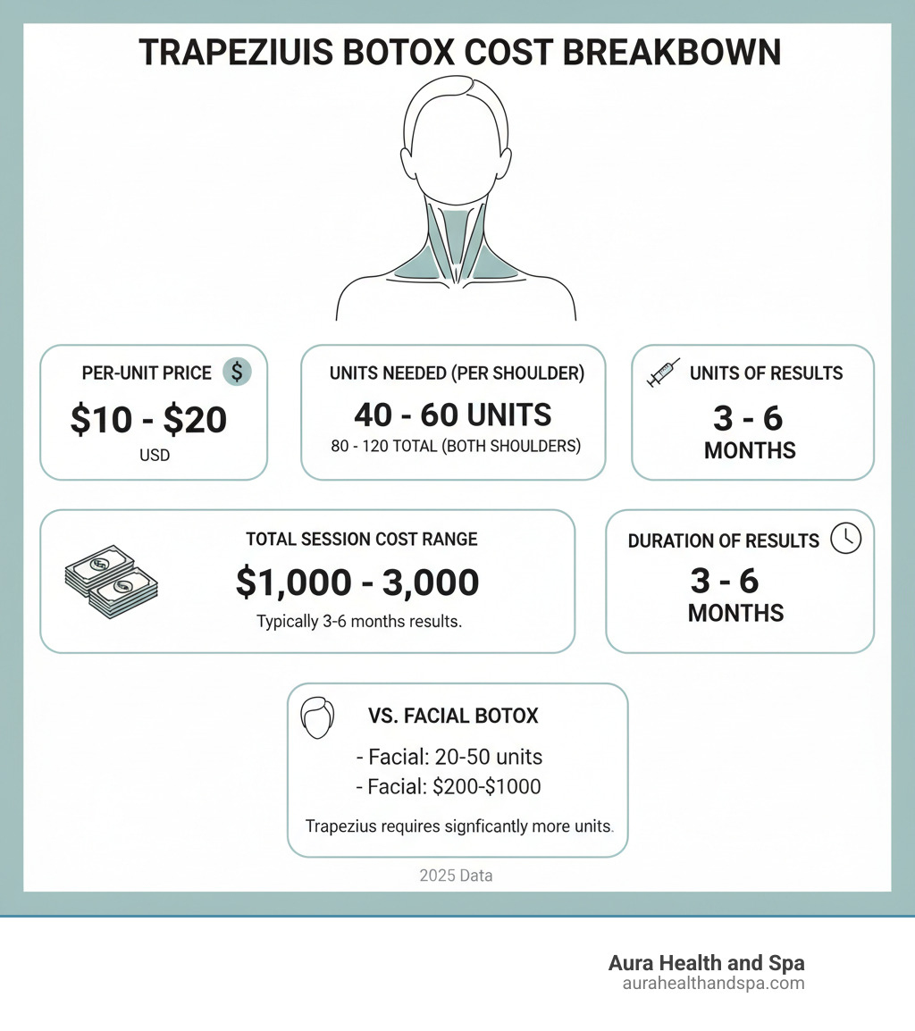 infographic showing botox trapezius muscle cost breakdown with per-unit pricing, typical units needed per shoulder, total session cost range, duration of results, and comparison to facial Botox units and cost - botox trapezius muscle cost infographic 